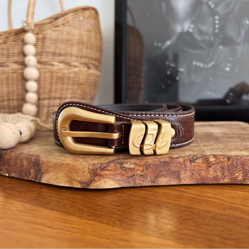 100% LEATHER GOLD AND DARK BROWN VINTAGE BELT #0313 - Picture 2 of 6